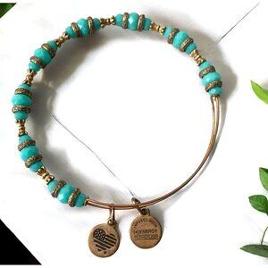 Alex and Ani Beaded Gold Charm Bangle With Turquoise & Gold Beads 2.0"- 3.5"